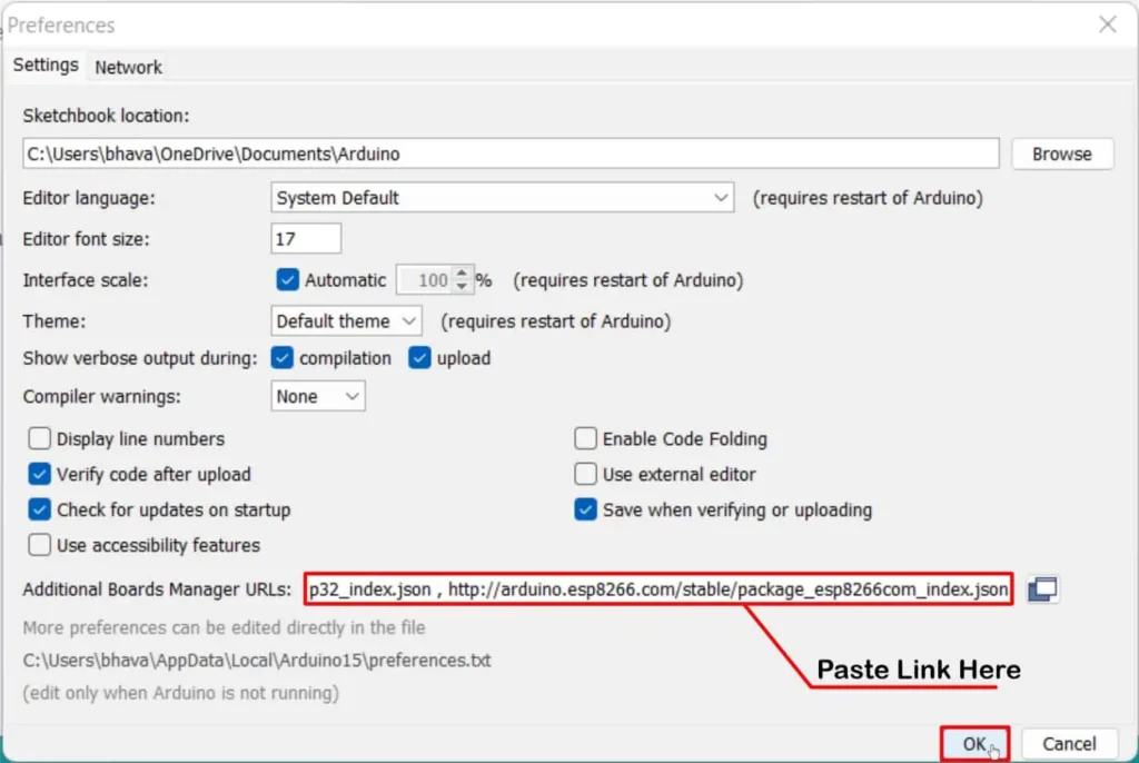 Pasting Link In Additional Board Manager URLs