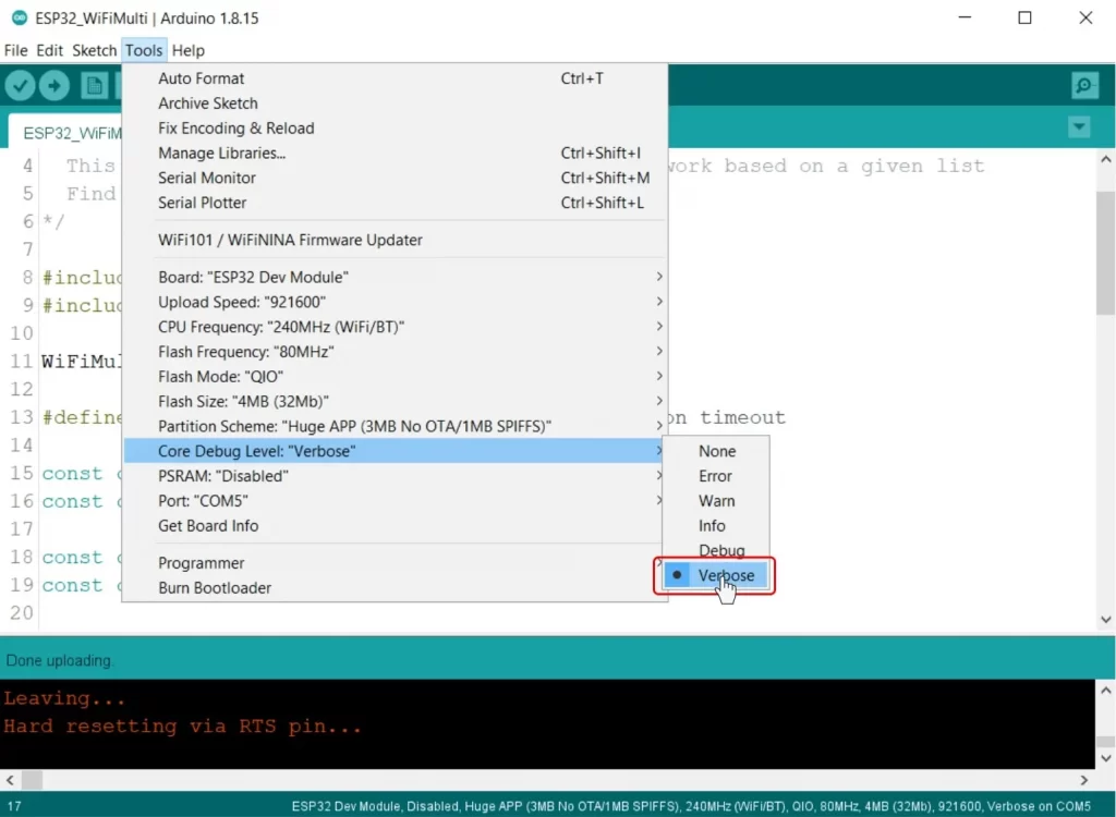Arduino IDE selecting verbose output for ESP32