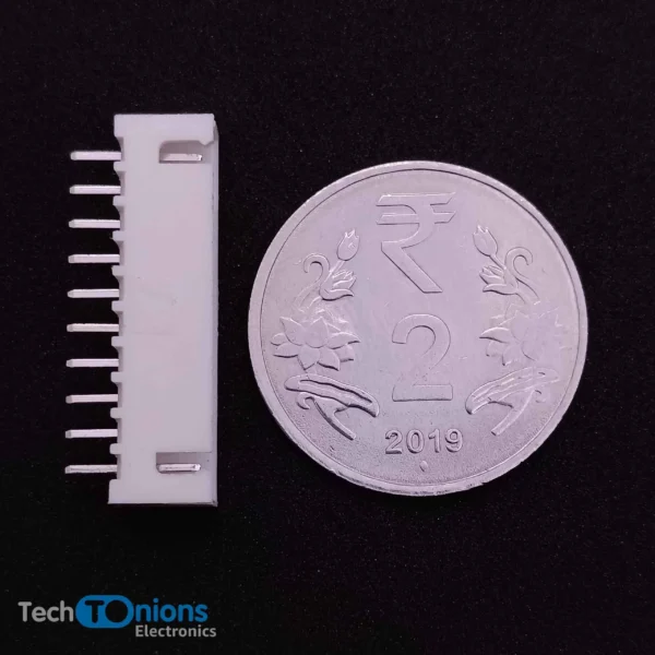 10 Pin JST XH Connector male – 2.5mm Top Entry Header for scale with 2 rupees coin from top view_1
