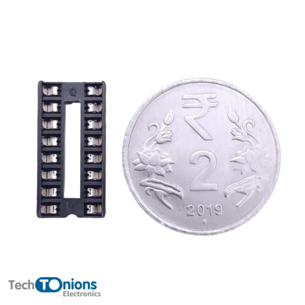 16 pin IC Socket for scale with 2 rupees coin from top view