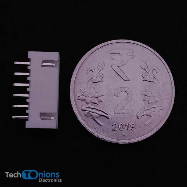 6 Pin JST XH Connector male – 2.5mm Top Entry Header for scale with 2 rupees coin from top view