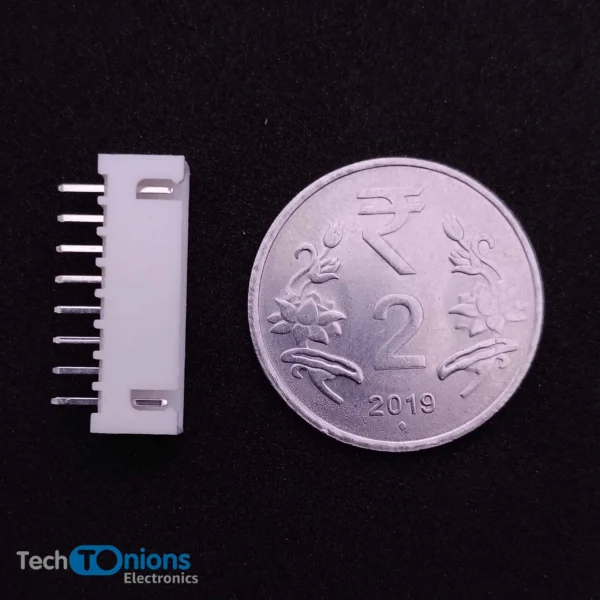 8 Pin JST XH Connector male – 2.5mm Top Entry Header for scale with 2 rupees coin from top view