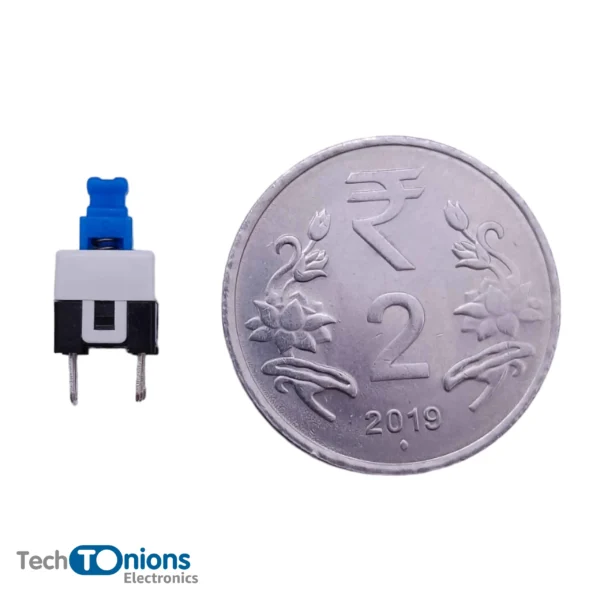 DPDT Push ON-OFF switch self locking 6 pin for scale with 2 rupees coin from top view