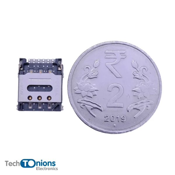 Micro SIM Card Socket – 6 pin – Flip Open – Metal Hinge for scale with 2 rupees coin from top view