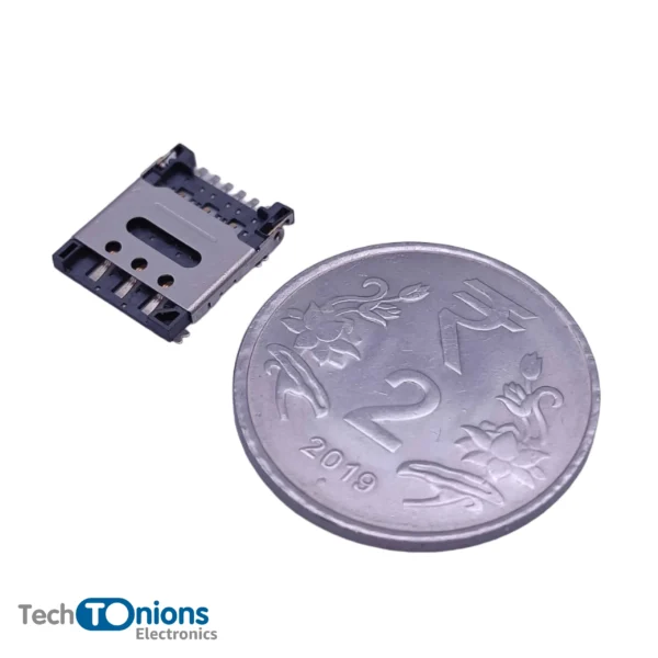 Micro SIM Card Socket – 6 pin – Flip Open – Metal Hinge for scale with 2 rupees coin