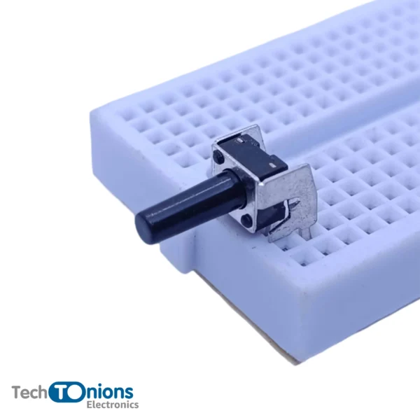 Tactile push button right angle 6x6x13mm mounted on breadboard